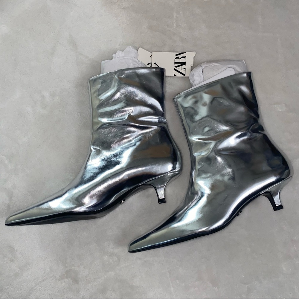 NEW ZARA Plata Silver Argent Botin Kitten Espejo Ankle Boot 7.5 Women’s